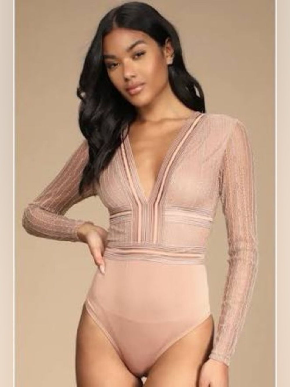 Lulu's Dusty Pink Lace Deep-V Long Sleeve Bodysuit
